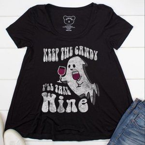 New Pink Foot Halloween Ghost & Wine Short Sleeves Flowy T Shirt Black sz L